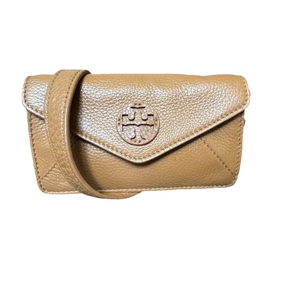 Tory Burch Mini Brown Tan Crossbody Leather Bag Purse Clutch Gold Chain Logo - Picture 1 of 16
